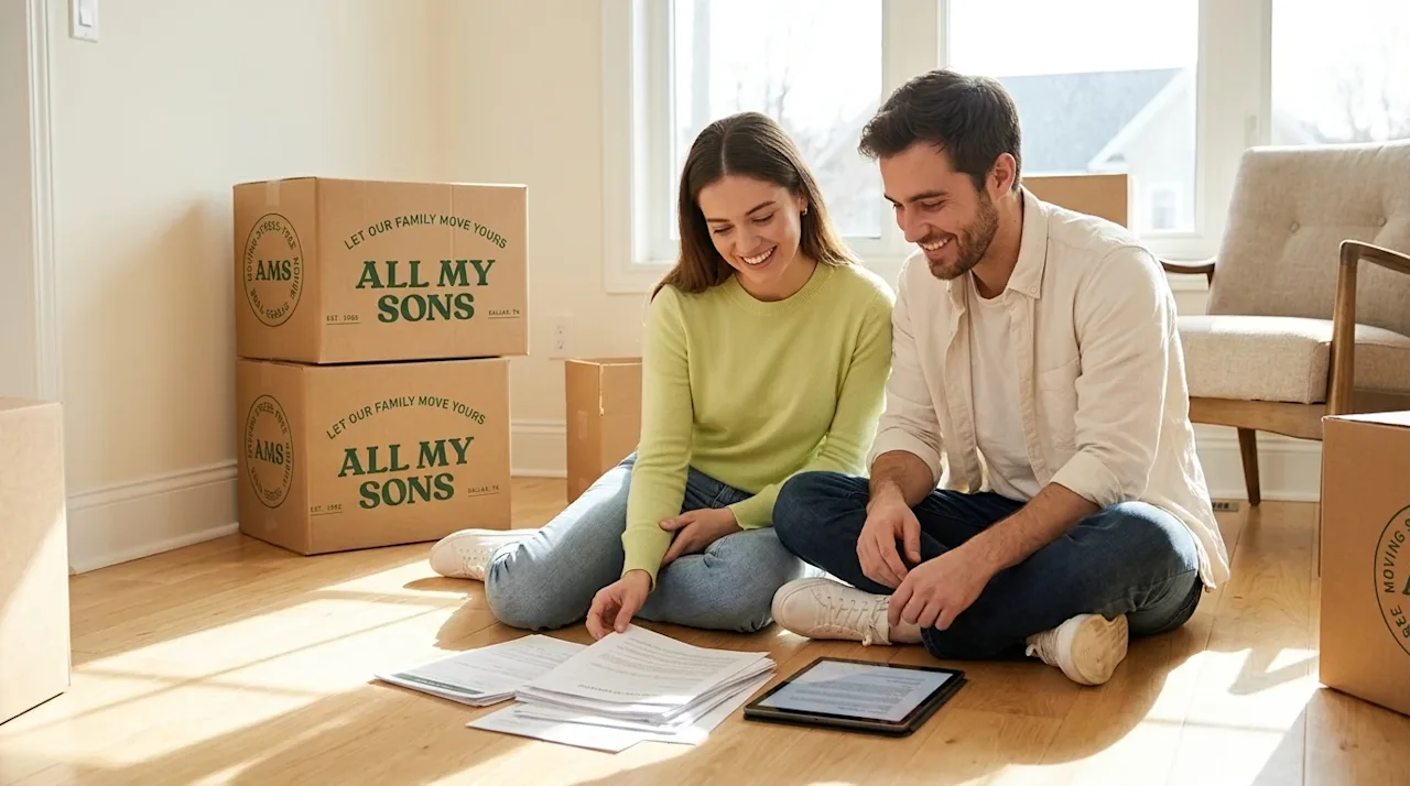 Professional marketing photography of a happy young couple sitting on the light hardwood floor of their newly purchased, sunl