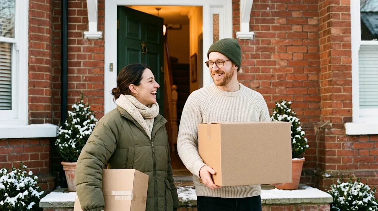 Candid lifestyle 35mm film photography of a smiling, relatable couple dressed in cozy winter attire, featuring subtle dark fo