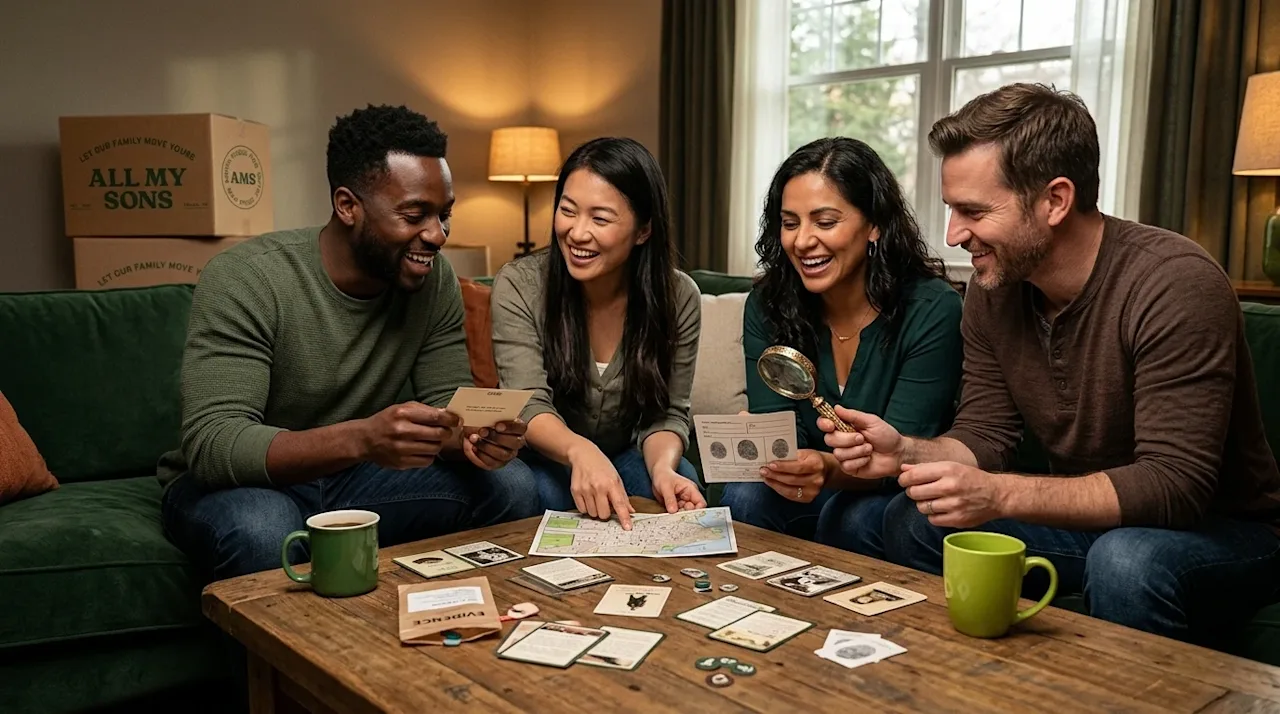 Professional marketing photography of a diverse group of friends gathered around a wooden coffee table in a cozy, newly moved