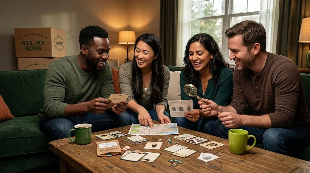 Professional marketing photography of a diverse group of friends gathered around a wooden coffee table in a cozy, newly moved
