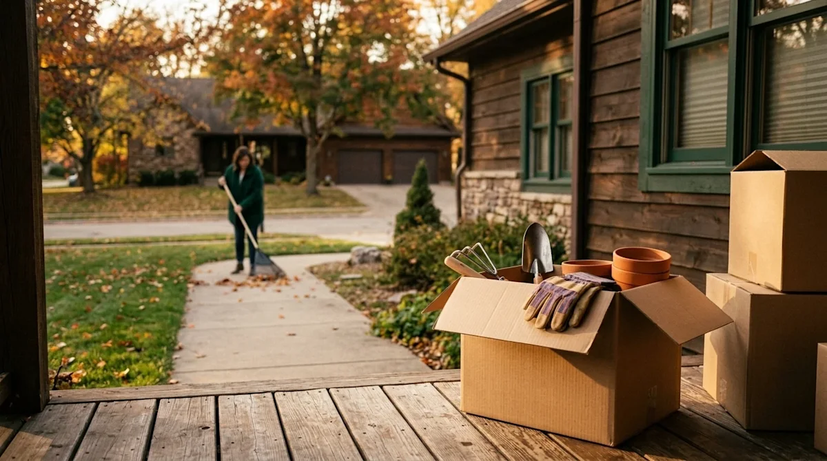 A realistic lifestyle photograph capturing the process of packing up a beautiful home exterior for a fall move. In the foregr