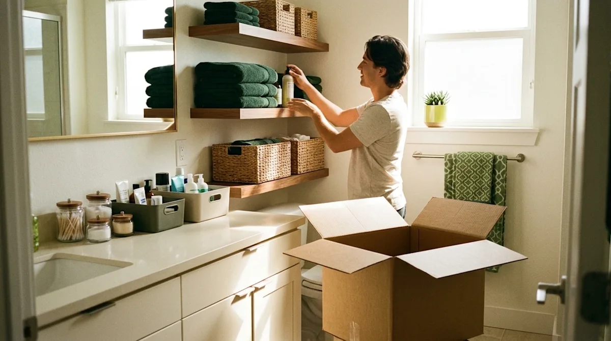 Candid lifestyle photography of a bright, well-organized modern bathroom in a sunny home, illustrating maximized storage space.