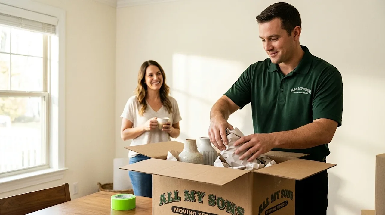 A professional marketing photograph capturing a stress-free residential packing service in a bright, welcoming home interior.