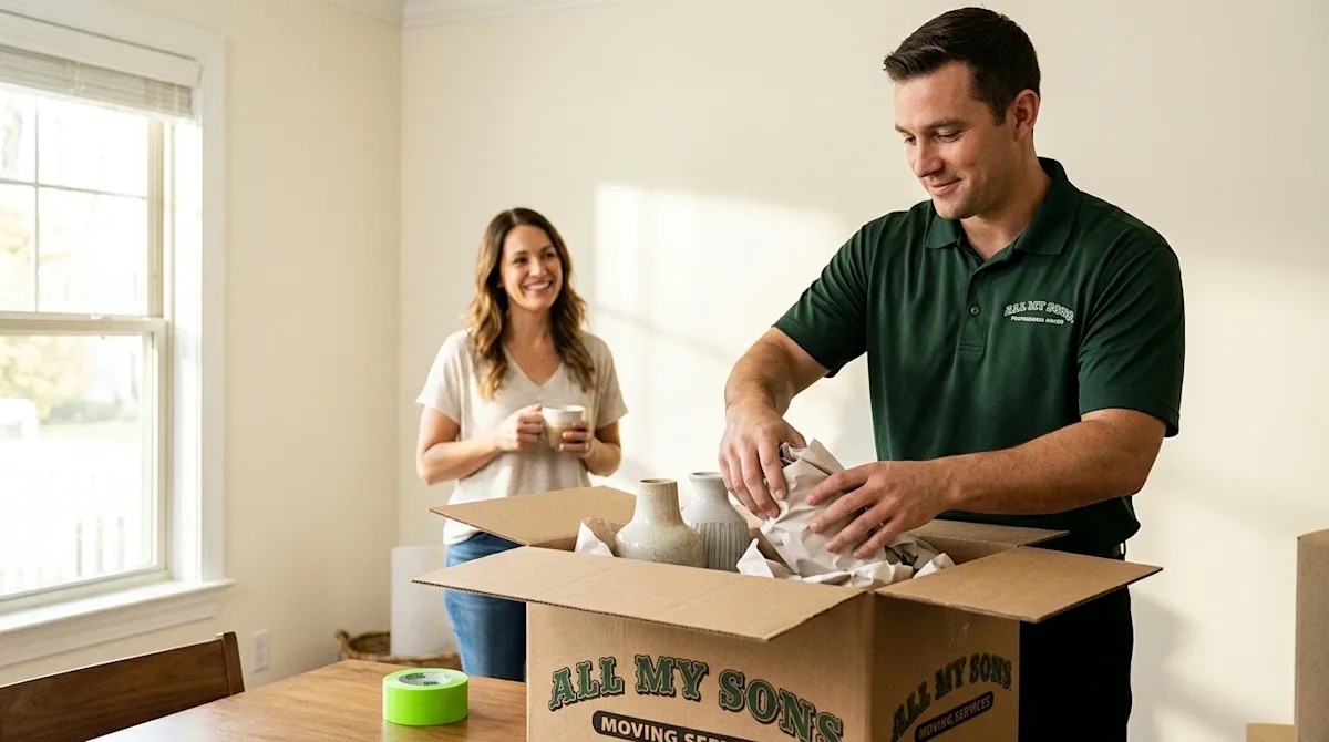 A professional marketing photograph capturing a stress-free residential packing service in a bright, welcoming home interior.