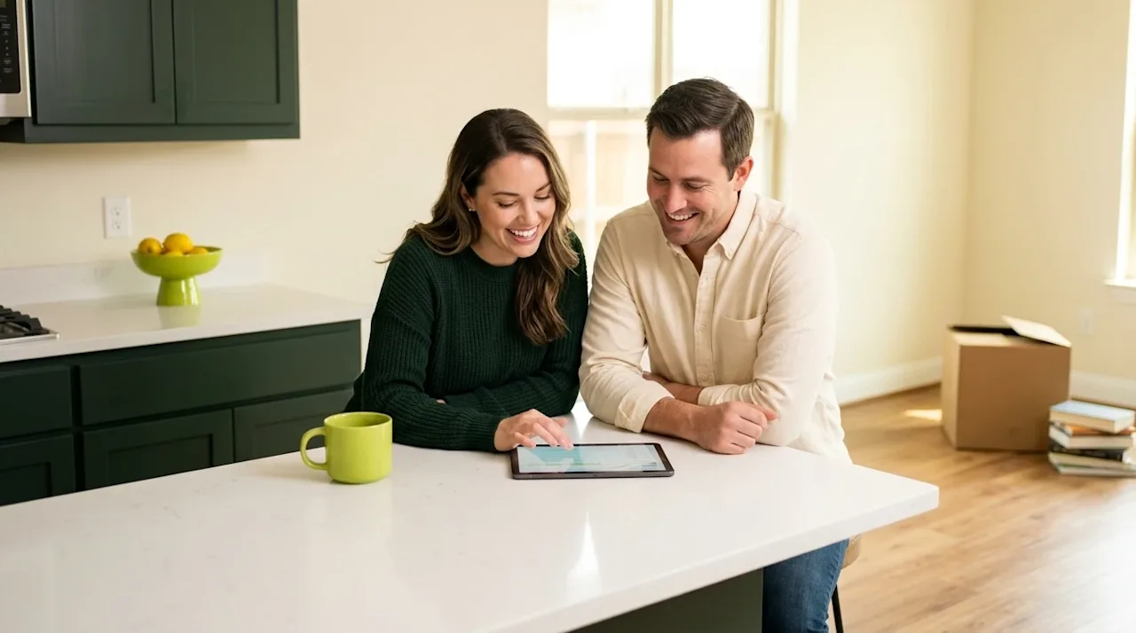 Clear, professional marketing photography. A happy couple sitting together at a clean kitchen island in their new suburban ho