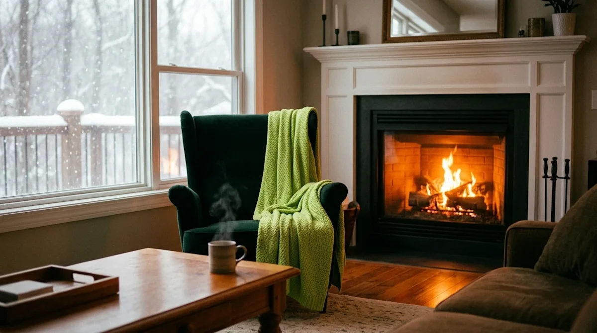 Professional lifestyle marketing photography of a cozy, inviting living room interior during winter. Soft snow is softly visi