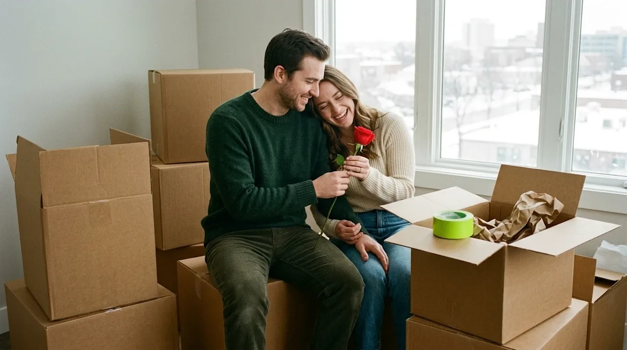Candid 35mm film lifestyle photography of a romantic couple taking a break from packing their home on Valentine's Day. They a