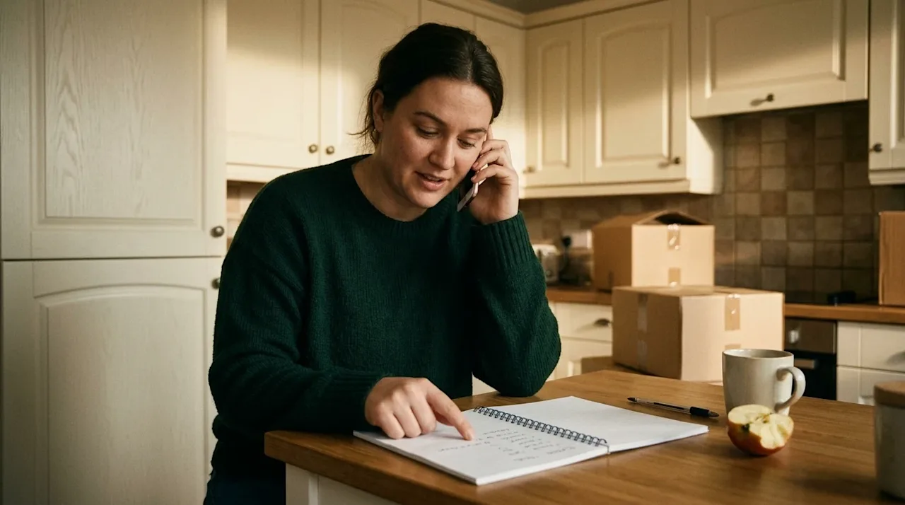 A candid, warm lifestyle photograph of a person sitting at a home kitchen island, holding a smartphone to their ear and looki