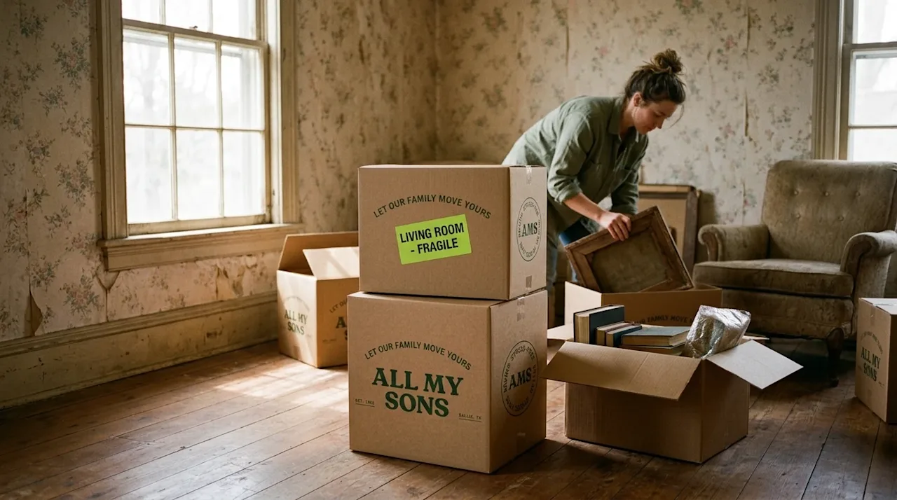 Cinematic 35mm film photography of the interior of a gently distressed, older home being packed up for a move. The room has a