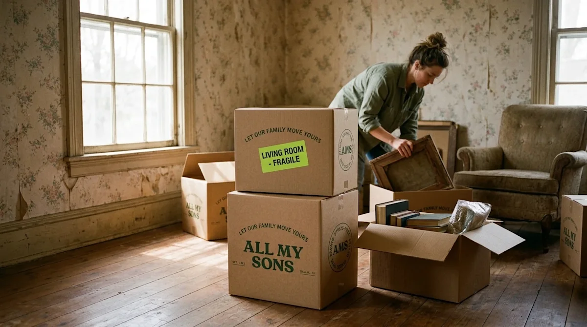 Cinematic 35mm film photography of the interior of a gently distressed, older home being packed up for a move. The room has a