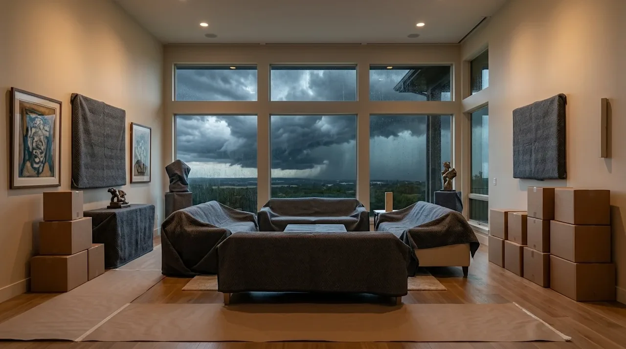 A high-quality, professional photograph of a beautiful home interior being proactively prepared for hurricane season. Large l