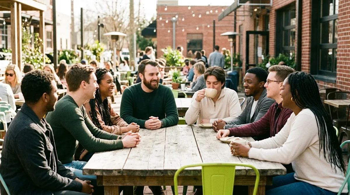 A candid, lifestyle 35mm film photograph of a diverse group of friendly young adults laughing and chatting around a rustic wo