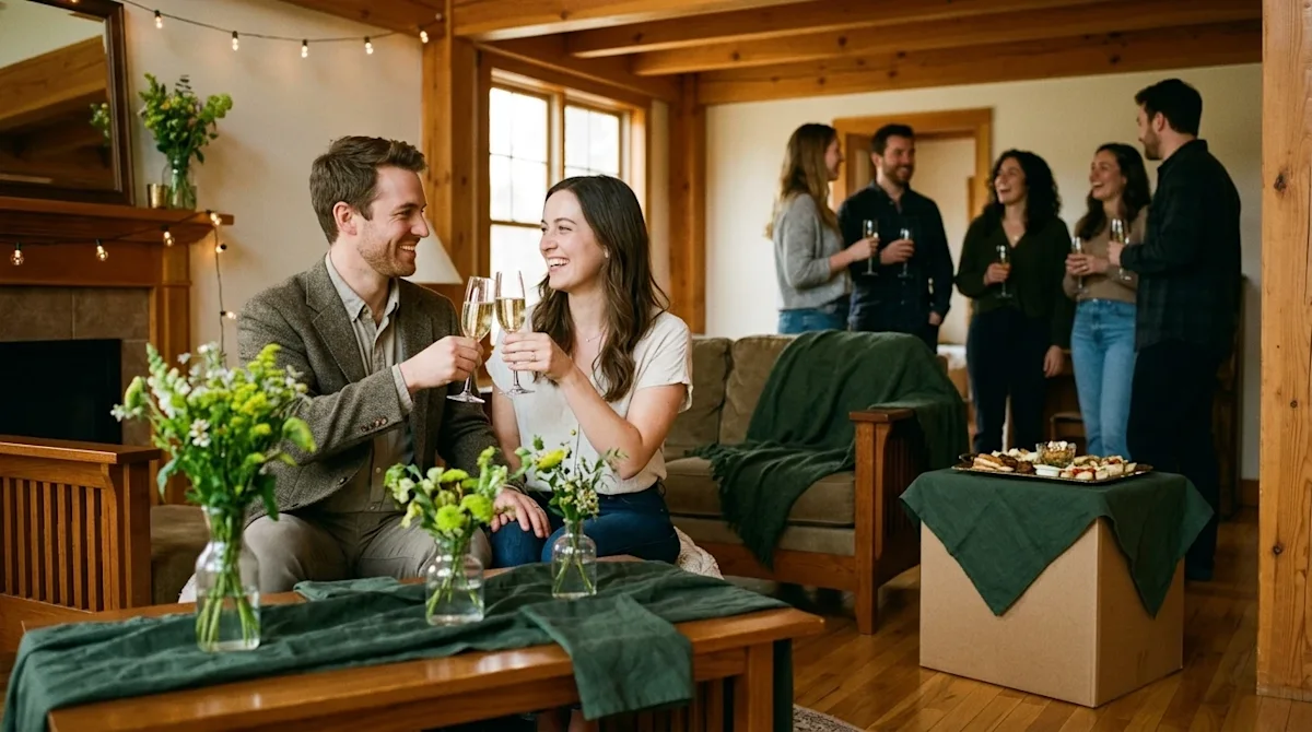 Candid lifestyle photography of a joyful newly engaged couple hosting an intimate engagement party in their warmly lit, cozy