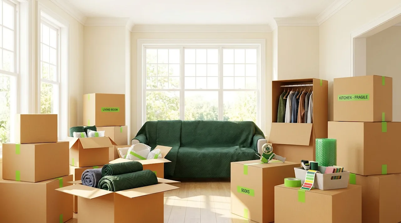 Organized moving boxes with lime green labels and hunter green blankets demonstrating smart packing hacks in a bright room.