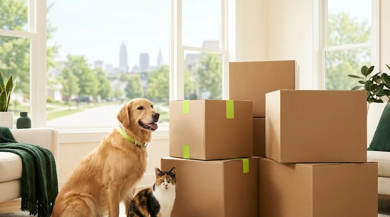 Dog and cat sitting happily next to stacked moving boxes in a bright home overlooking the Cleveland skyline.