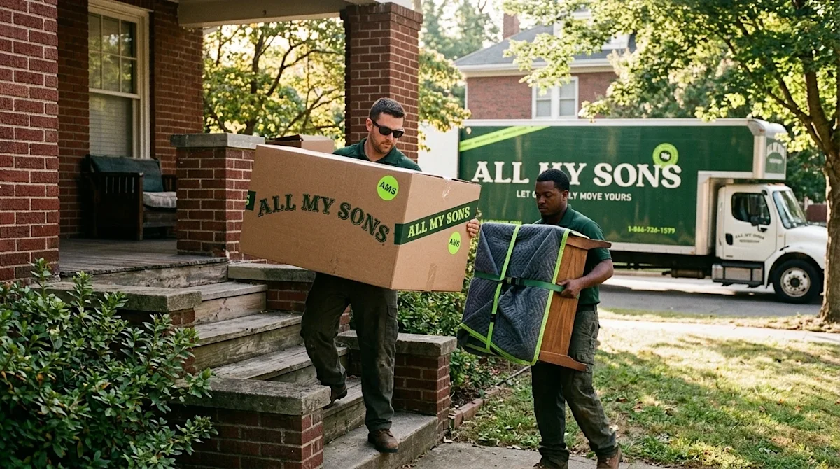 Authentic 35mm film photography of the professional home moving process. Two movers wearing dark forest green shirts are care