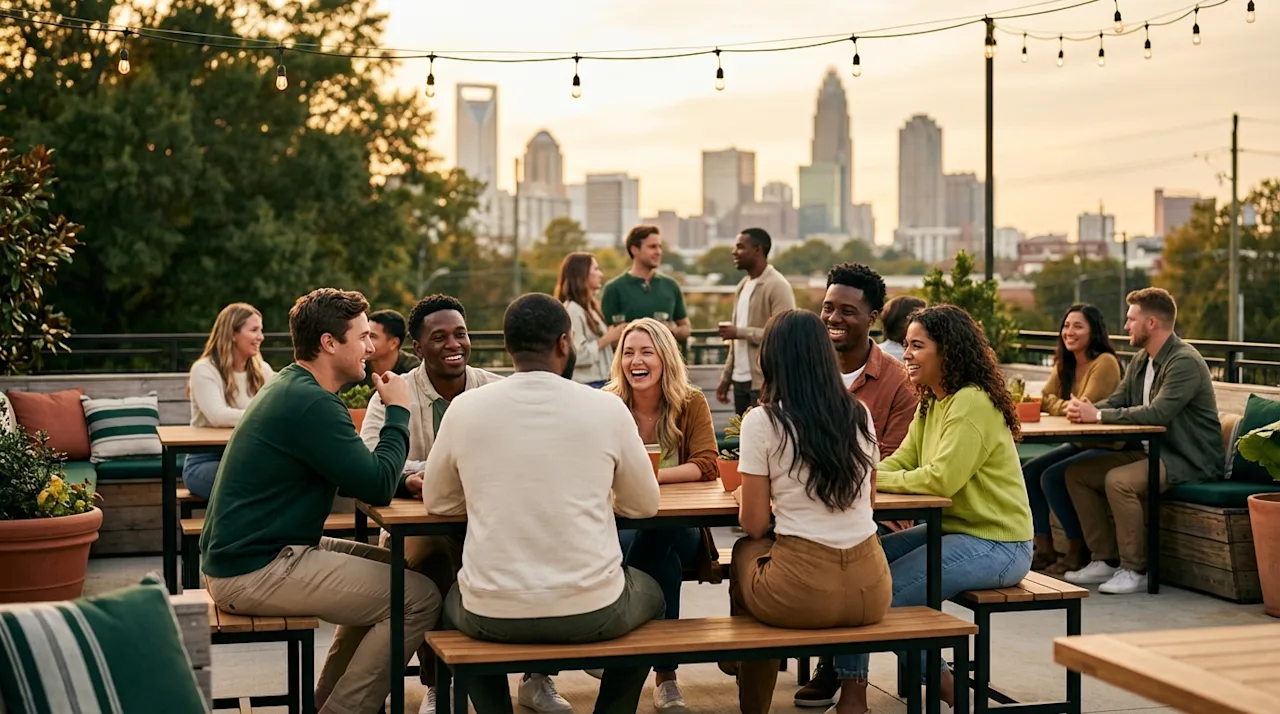 Diverse neighbors socializing on a Charlotte rooftop patio with a city skyline view at sunset.