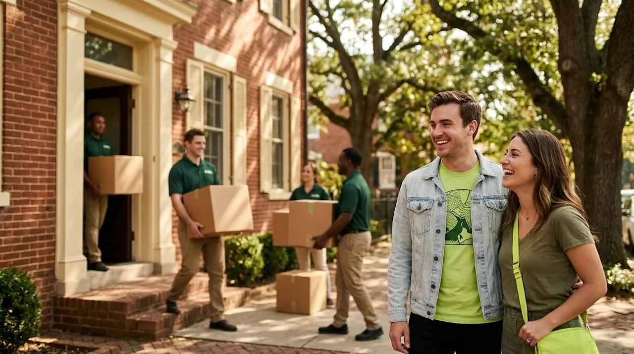 High-quality lifestyle photography of a stress-free full-service moving day at a charming historic red-brick rowhouse charact