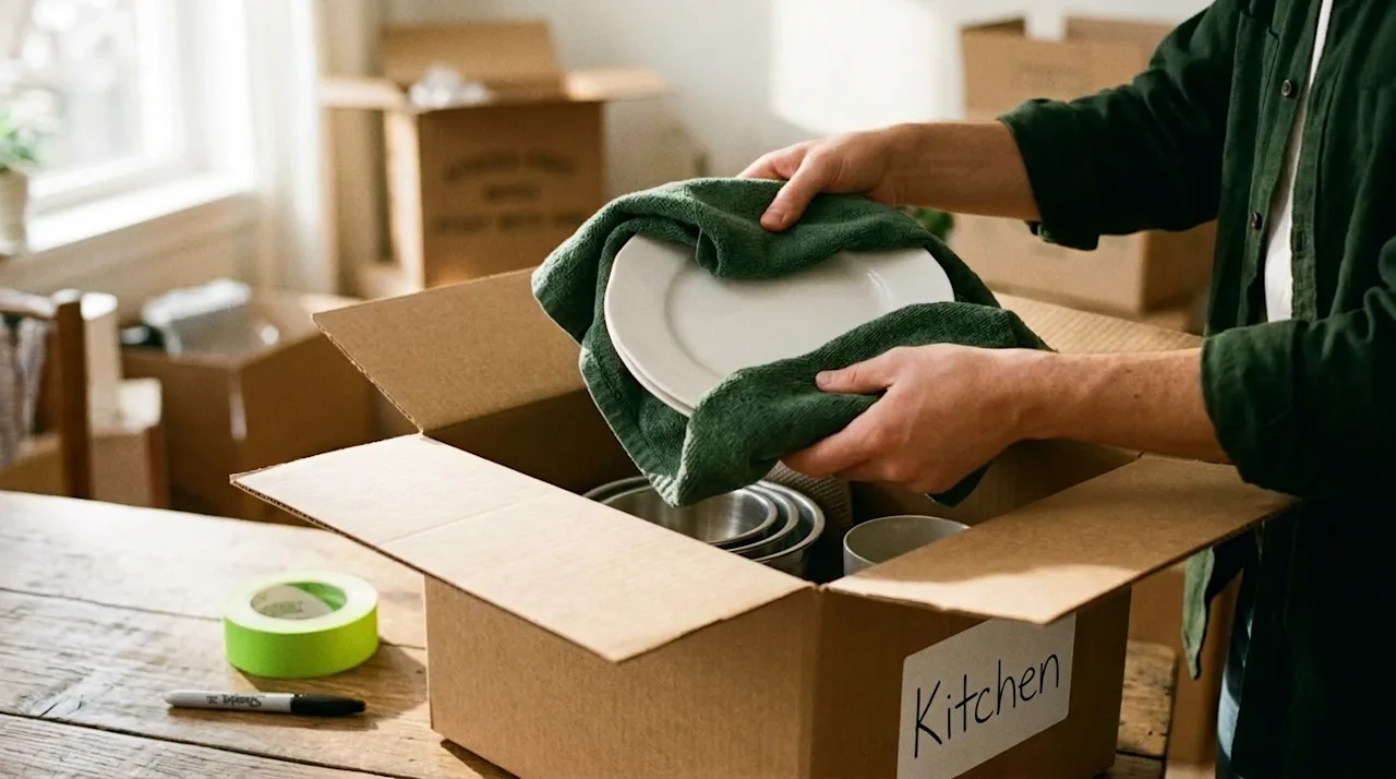 A warm, candid lifestyle photograph illustrating a clever, budget-friendly packing hack for a home move. Close-up on a person