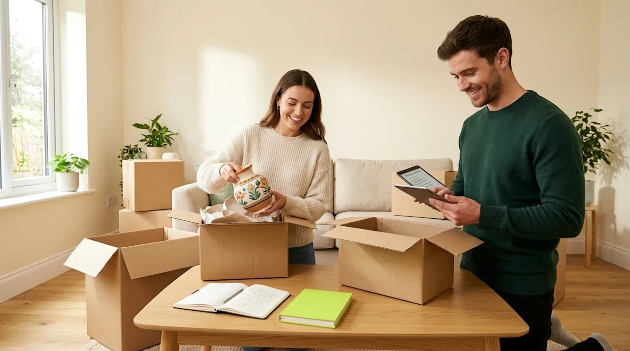 Professional marketing photography of a smiling couple in a bright, modern living room, actively preparing for a home move. O