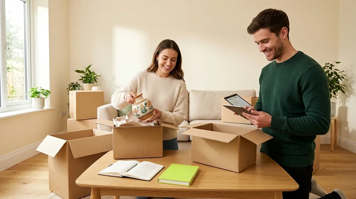 Professional marketing photography of a smiling couple in a bright, modern living room, actively preparing for a home move. O