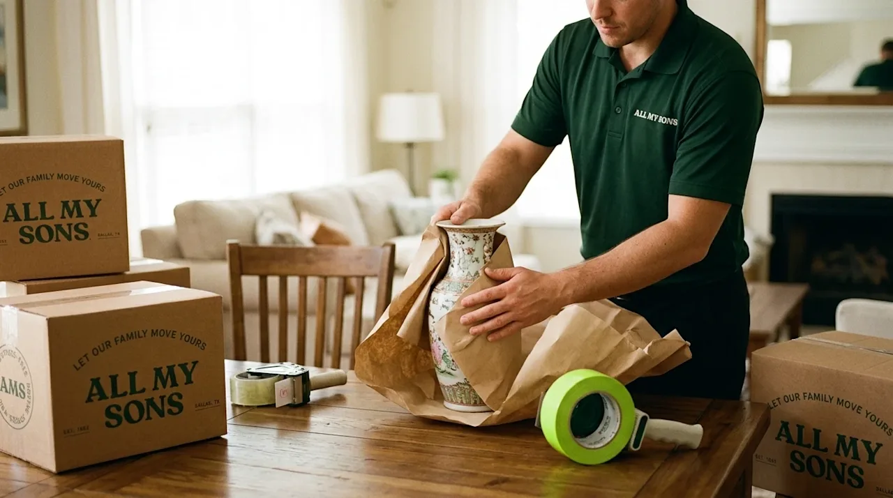 Authentic lifestyle photography of a professional mover carefully wrapping a delicate, valuable antique vase in a bright, war