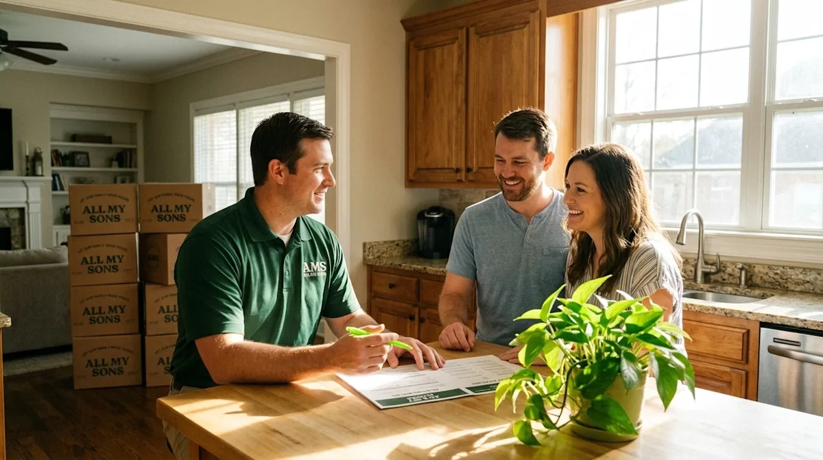 Candid lifestyle photography of a friendly moving professional wearing a solid dark green polo shirt, sitting at a sunlit kit