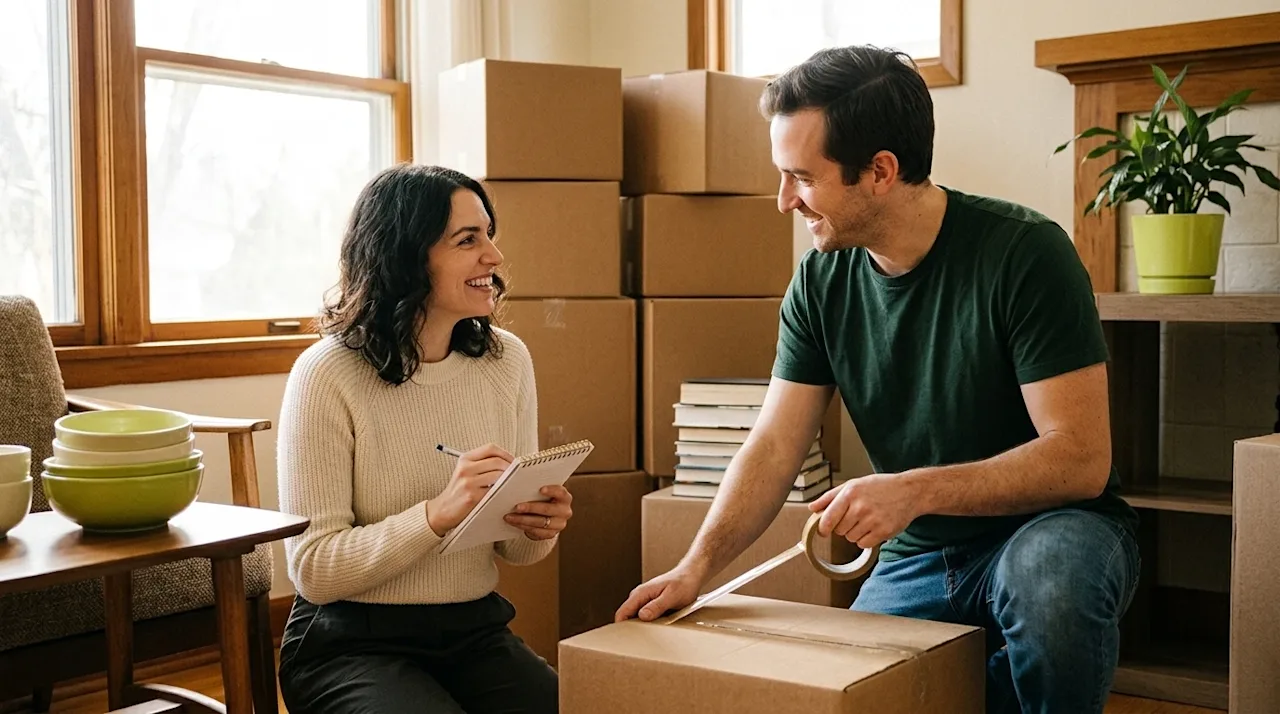 Authentic lifestyle photography of a relaxed, smiling couple packing for a move in a warm, sunlit living room. The scene capt