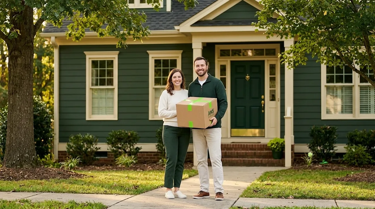 Professional marketing photography of a cheerful family arriving at their newly purchased, charming traditional home in a tre