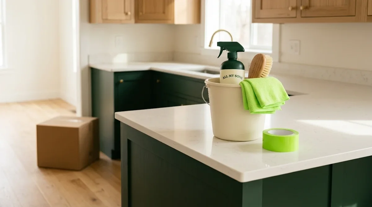 Clear, professional lifestyle marketing photography of a freshly cleaned, sunlit modern kitchen, capturing the inviting feeli