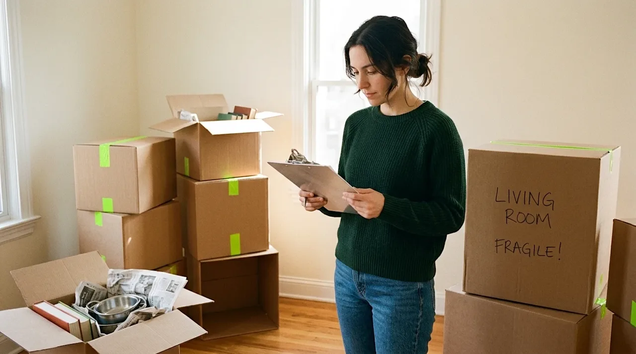 Candid lifestyle photography of a person standing in a partially unpacked living room, looking thoughtfully at a moving inven