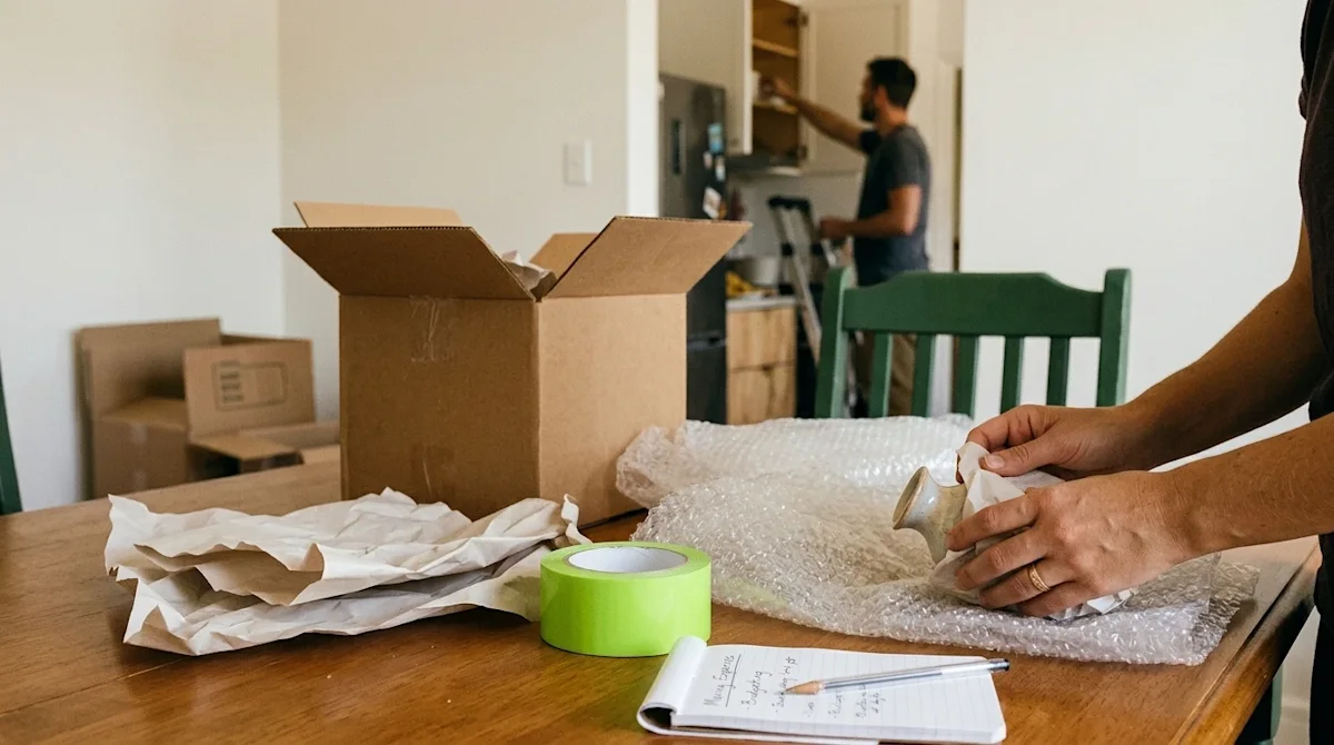 Candid, documentary-style lifestyle photography of a home in the middle of being packed for a move. In the foreground on a wa
