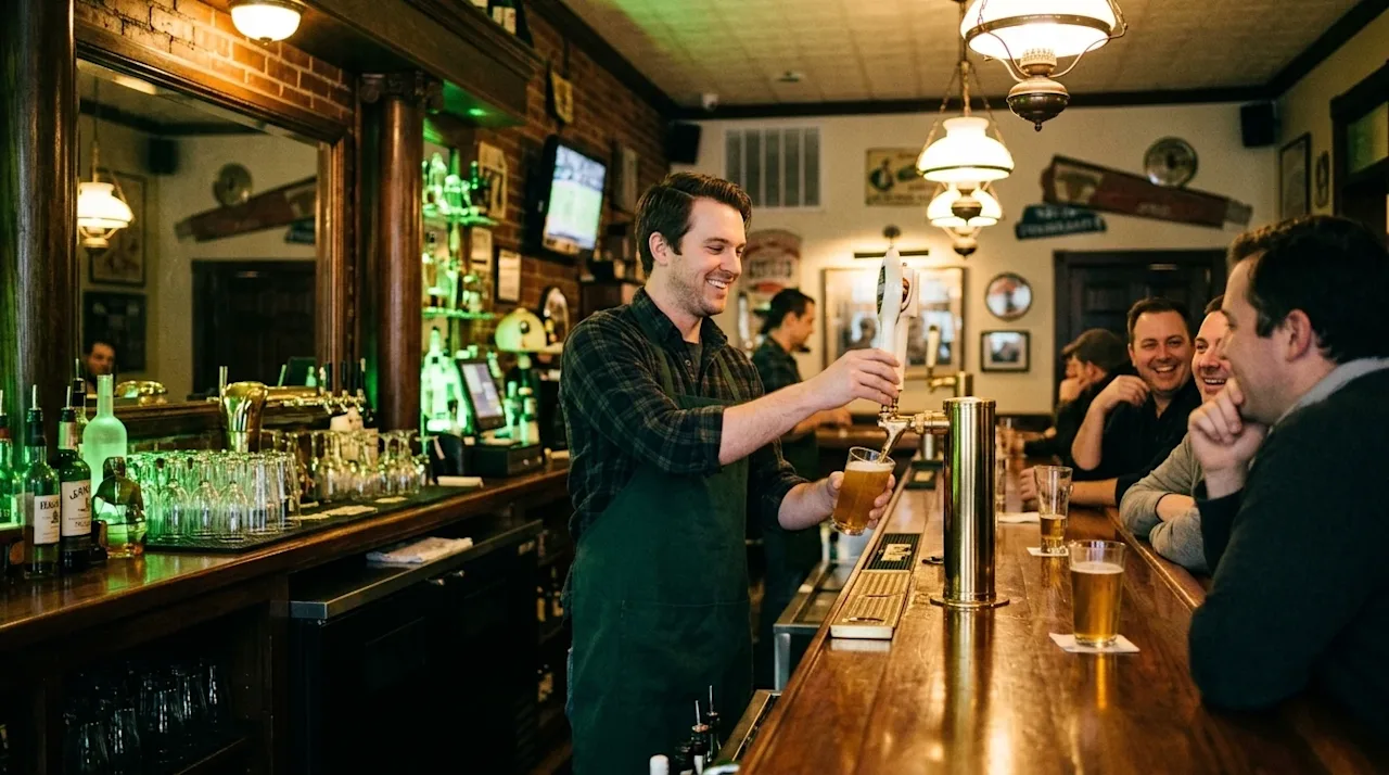 Candid lifestyle photography of a warm, inviting neighborhood bar in St. Louis. A friendly bartender wearing a dark forest gr