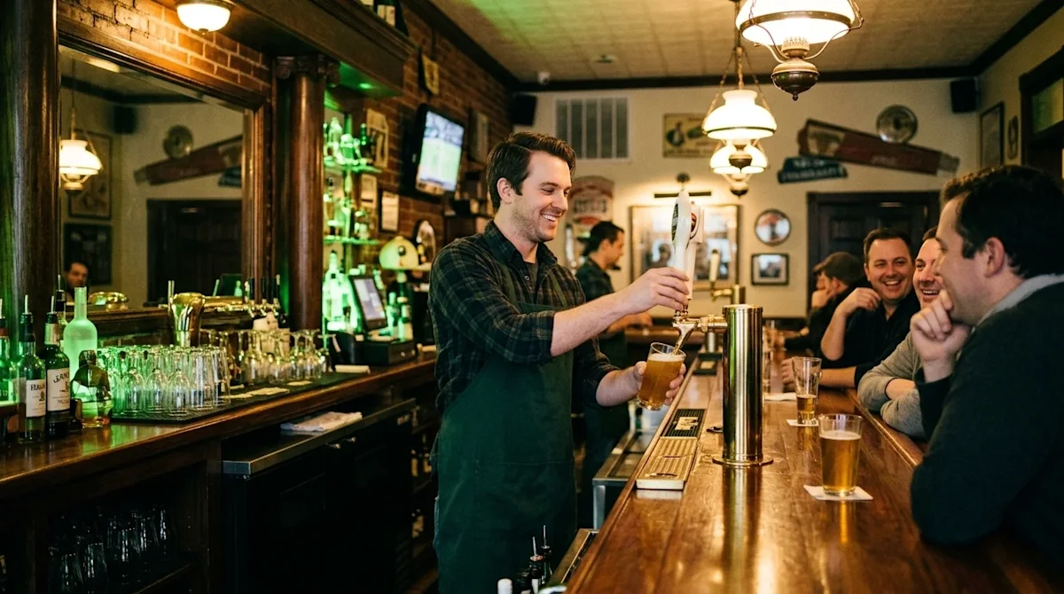 Candid lifestyle photography of a warm, inviting neighborhood bar in St. Louis. A friendly bartender wearing a dark forest gr
