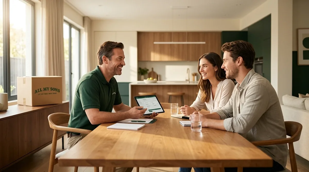 Clear, professional marketing photography of a friendly moving company sales consultant sitting at a brightly lit, warm woode