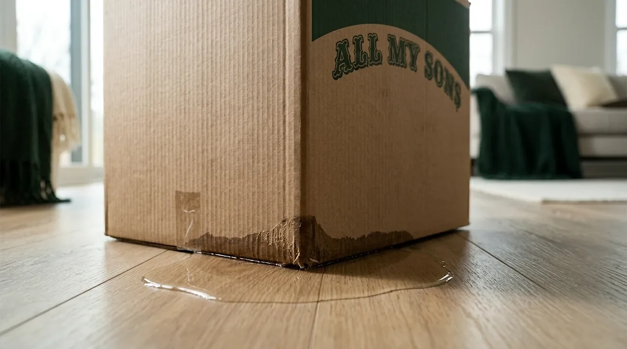 Professional marketing photography, close-up shot of the bottom corner of a brown cardboard moving box resting on a light woo