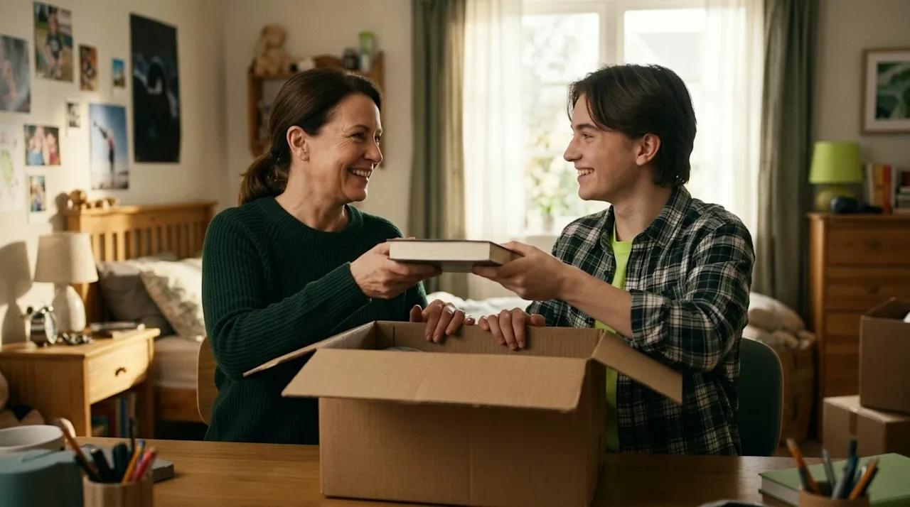 Candid, professional marketing photography of a young adult and a parent sharing a warm, supportive smile while packing a car