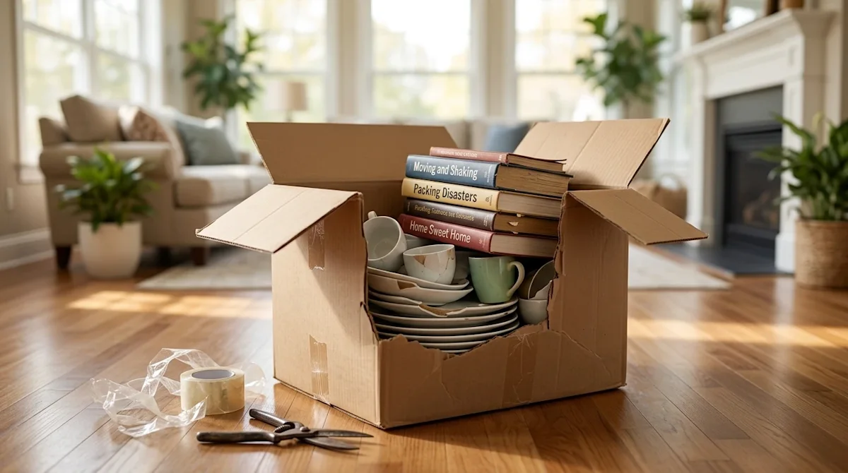 Professional commercial photography of an open, poorly packed cardboard moving box resting on a hardwood floor in a bright, w