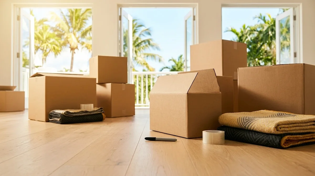 High-quality lifestyle photography of a neatly organized DIY moving and packing scene inside a bright, sunlit Miami home. Stu