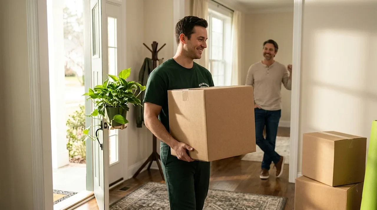A professional, candid-style marketing photograph illustrating reliable moving services. A friendly, professional mover weari