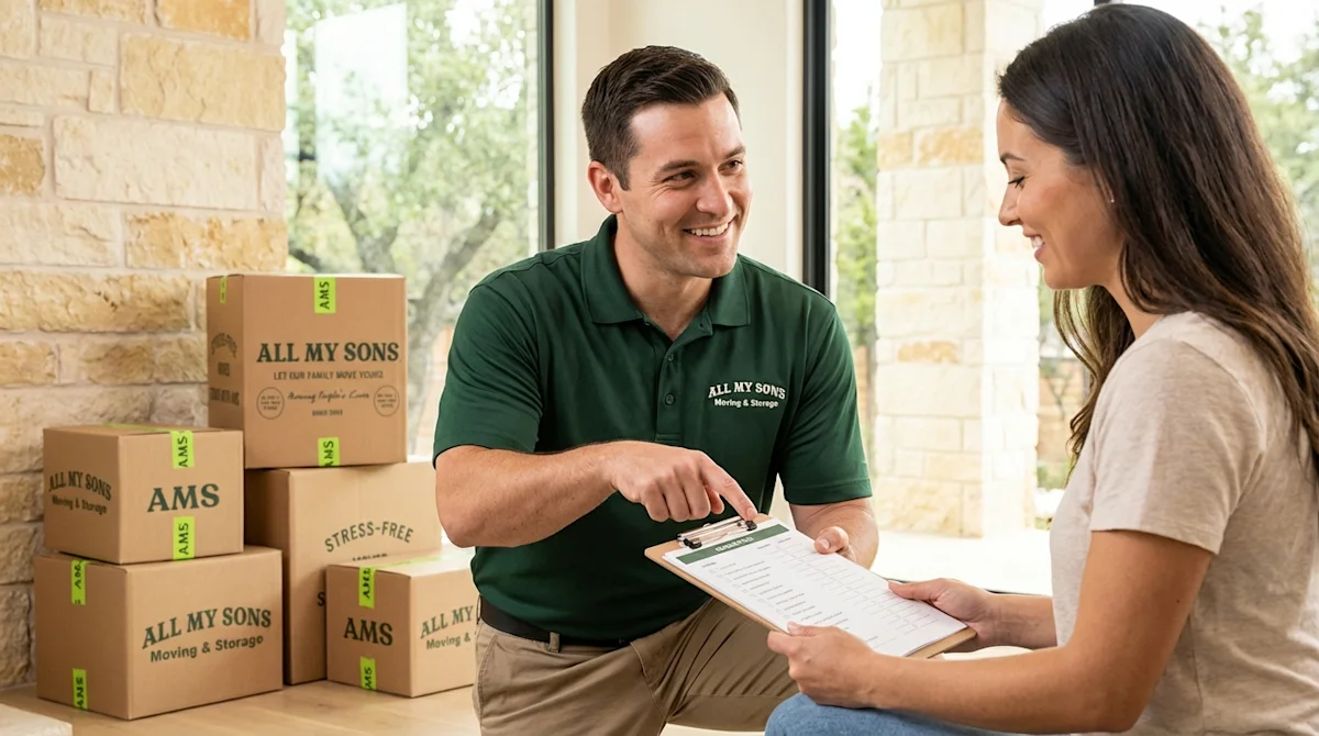 All My Sons mover reviewing a moving checklist with a homeowner near stacked boxes in a bright living room