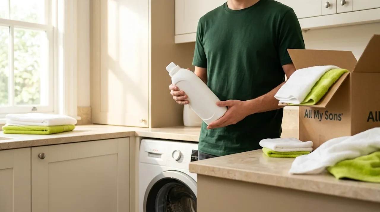 Professional marketing photography of a bright, clean, well-lit modern home laundry room. A person wearing a dark green shirt