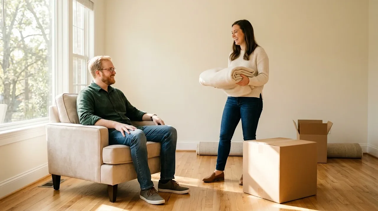 Clear and professional marketing photography of a relaxed, happy couple experiencing a stress-free moving day inside a bright