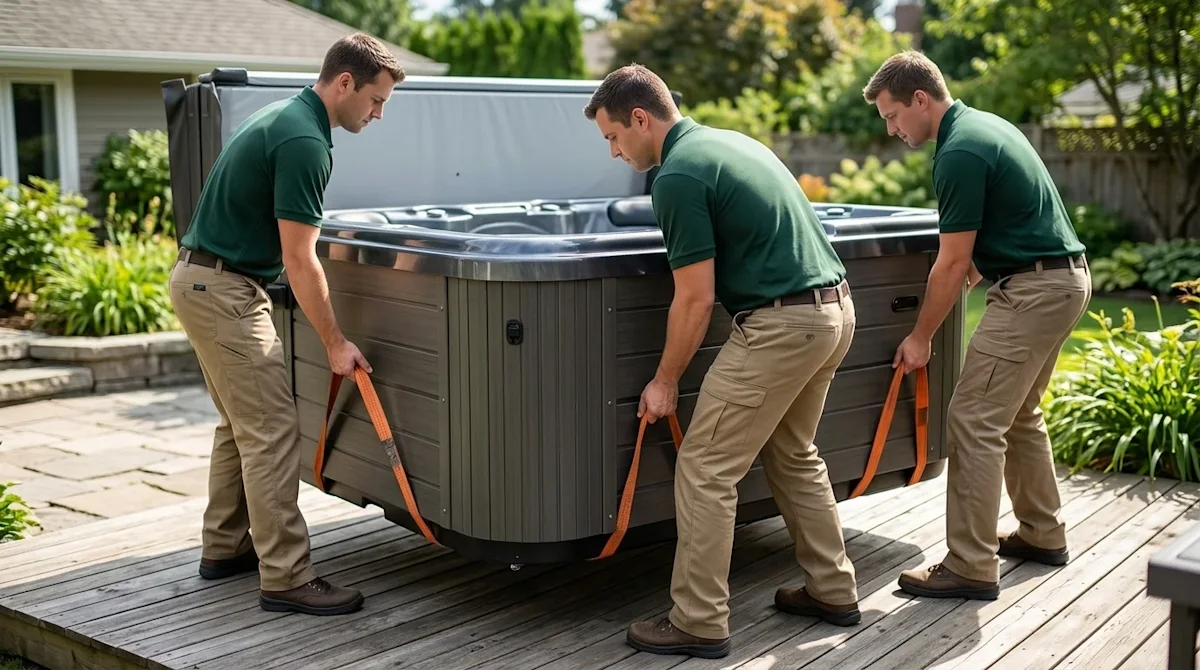 High-quality commercial photography of a team of three professional movers carefully and safely lifting a large, modern outdo