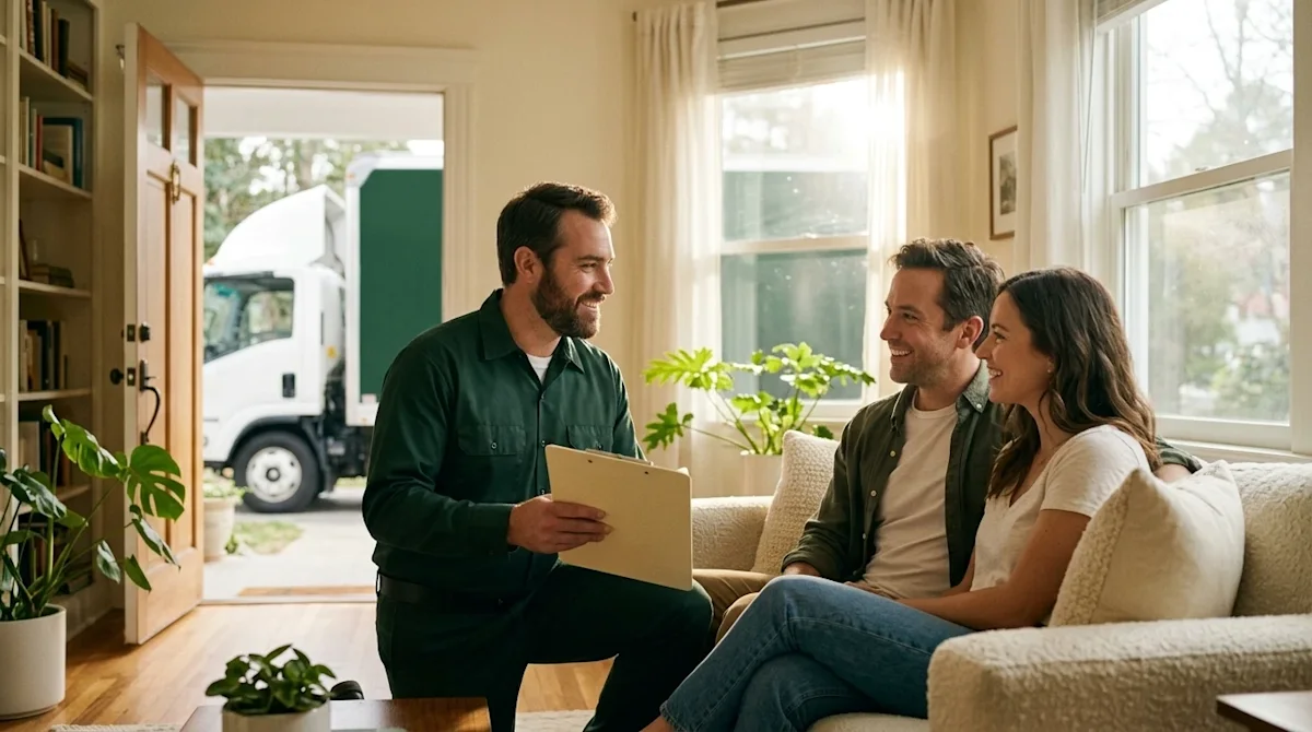 A candid, high-quality lifestyle photograph of a friendly professional mover having a positive, reassuring consultation with