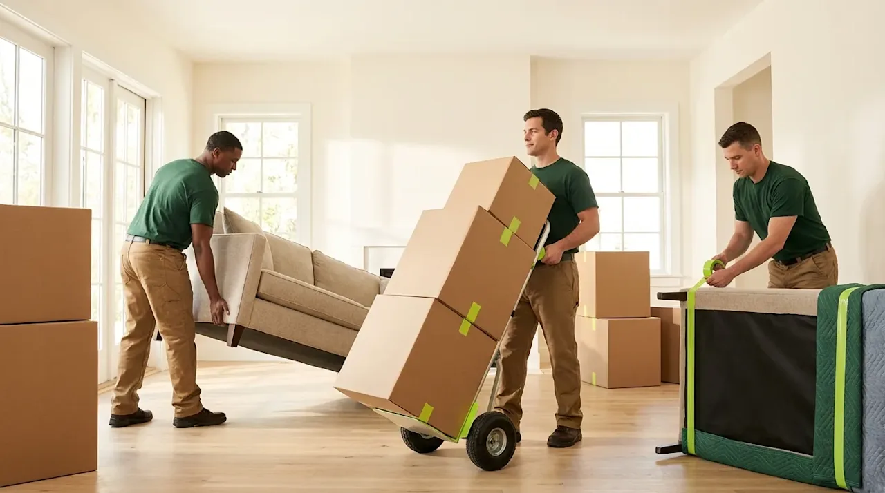 Professional moving crew in green uniforms transporting furniture and boxes in a bright, clean home.