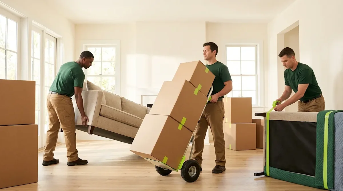 Professional moving crew in green uniforms transporting furniture and boxes in a bright, clean home.