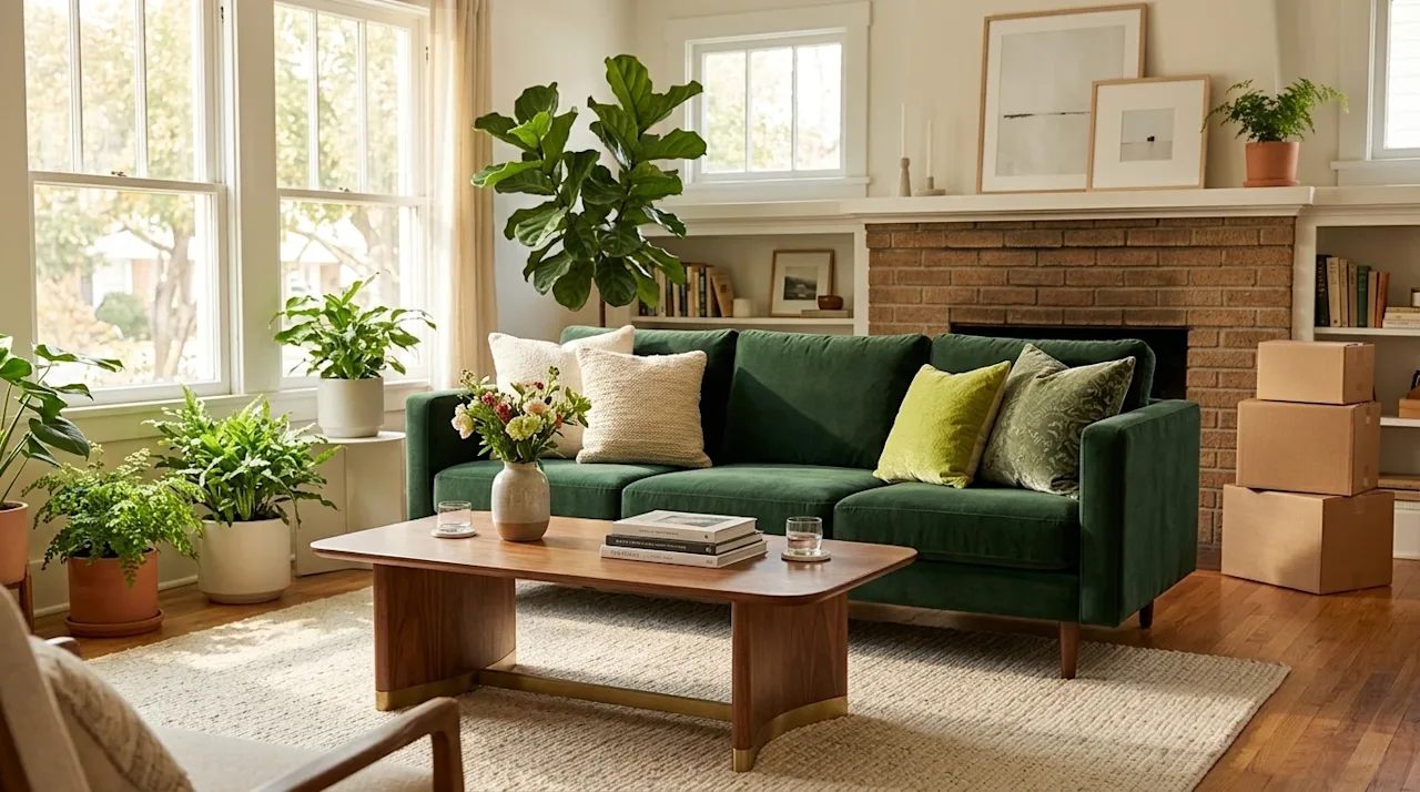 A photorealistic lifestyle photograph of a beautifully styled, bright living room showcasing an inspiring furniture layout.
