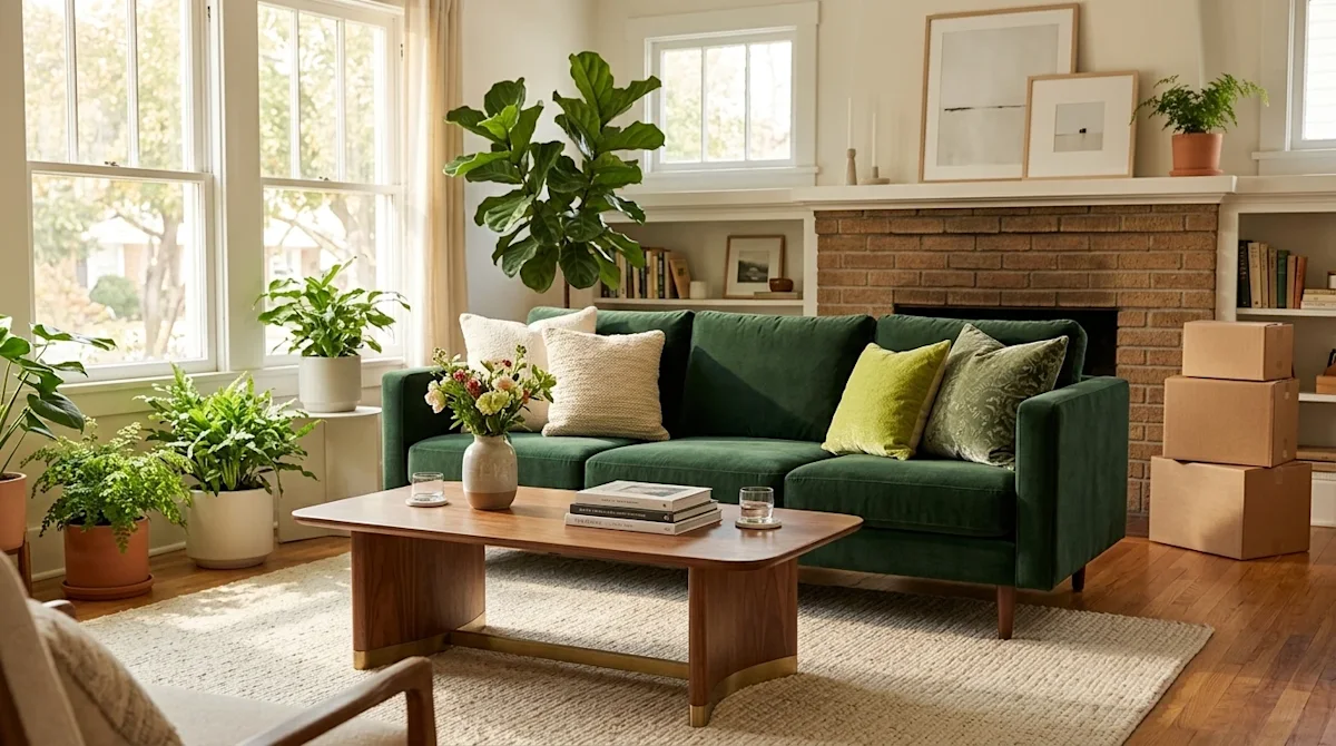 A photorealistic lifestyle photograph of a beautifully styled, bright living room showcasing an inspiring furniture layout.