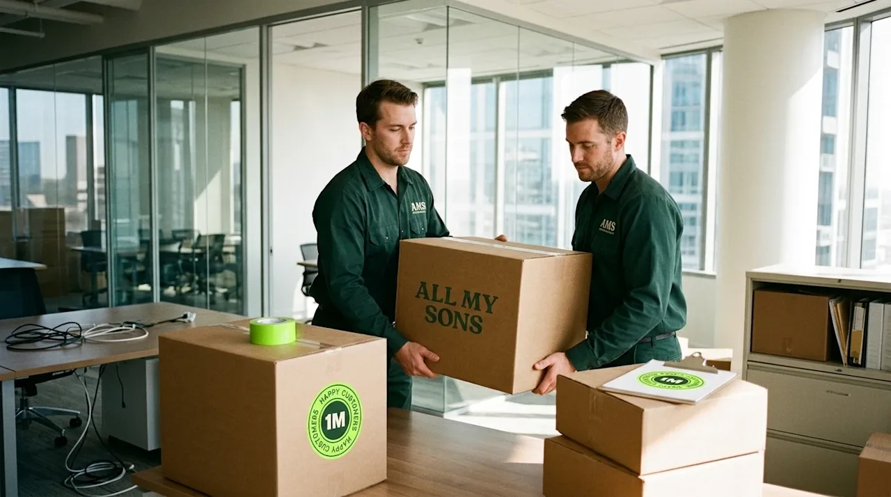 A candid, authentic 35mm film lifestyle photograph showing a corporate office relocation in progress. Professional movers wea